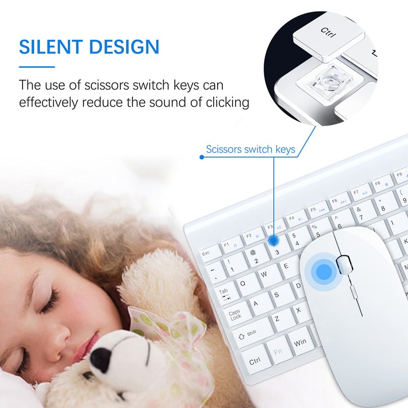 TopMate Wireless Keyboard and Mouse Ultra Slim Combo, TopMate 2.4G Silent Compact USB 2400DPI Mouse and Scissor Switch Keyboard Set with Cover, Batteries Included, for PC/Laptop/Windows/Mac - White - Image 2